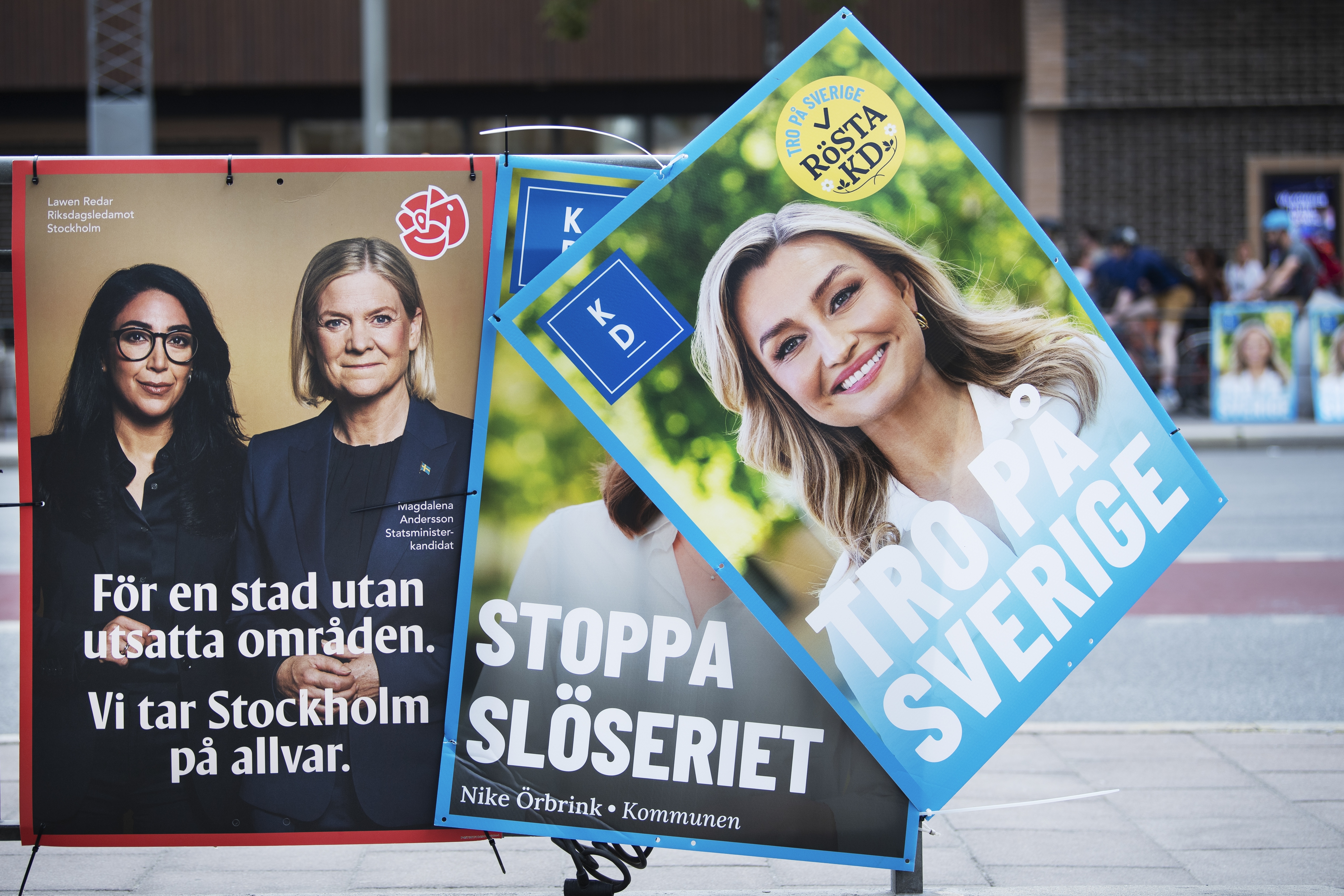 epa13178229 Election posters for the Social Democrats and the Christian Democrats at Skanstull ahead of the Swedish general election on September 13, in Stockholm, Sweden, 18 August 2026 (issued 19 August 2026). General elections will be held in Sweden on 13 September 2026 to elect the 349 members of the Riksdag. EPA/Viktoria Bank SWEDEN OUT