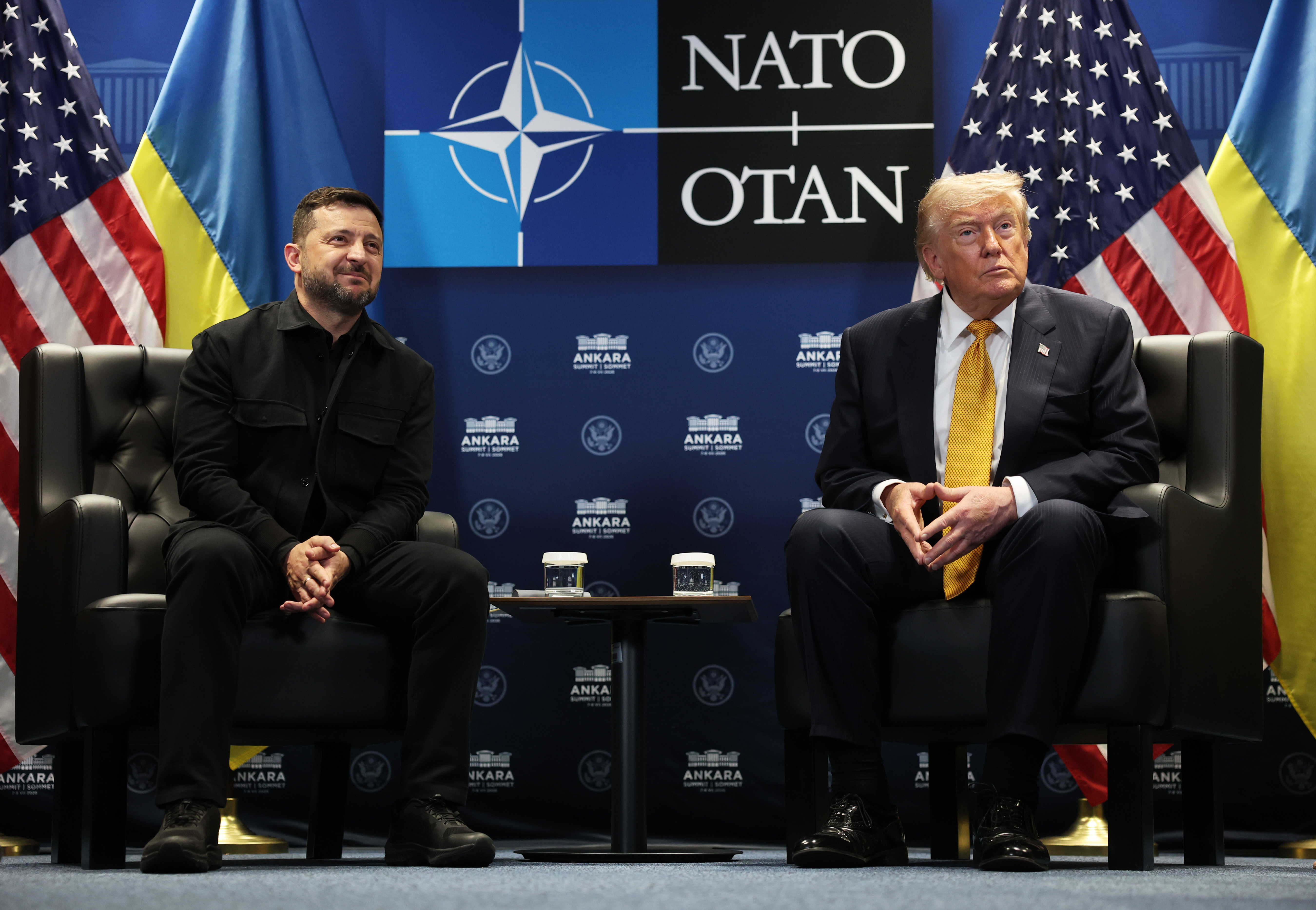 ANKARA, TURKEY - JULY 08: U.S. President Donald Trump (R) meets with Volodymyr Zelenskyy, President of Ukraine (L) for bilateral talks at Beştepe Presidential Compound during the NATO Summit on July 08, 2026 in Ankara, Turkey. Leaders from NATO's 32 countries, plus NATO allies like Ukraine, gathered in the Turkish capital to discuss a range of issues involving spending targets, defense industrial production, and support for Ukraine, among other topics. (Photo by Win McNamee/Getty Images)