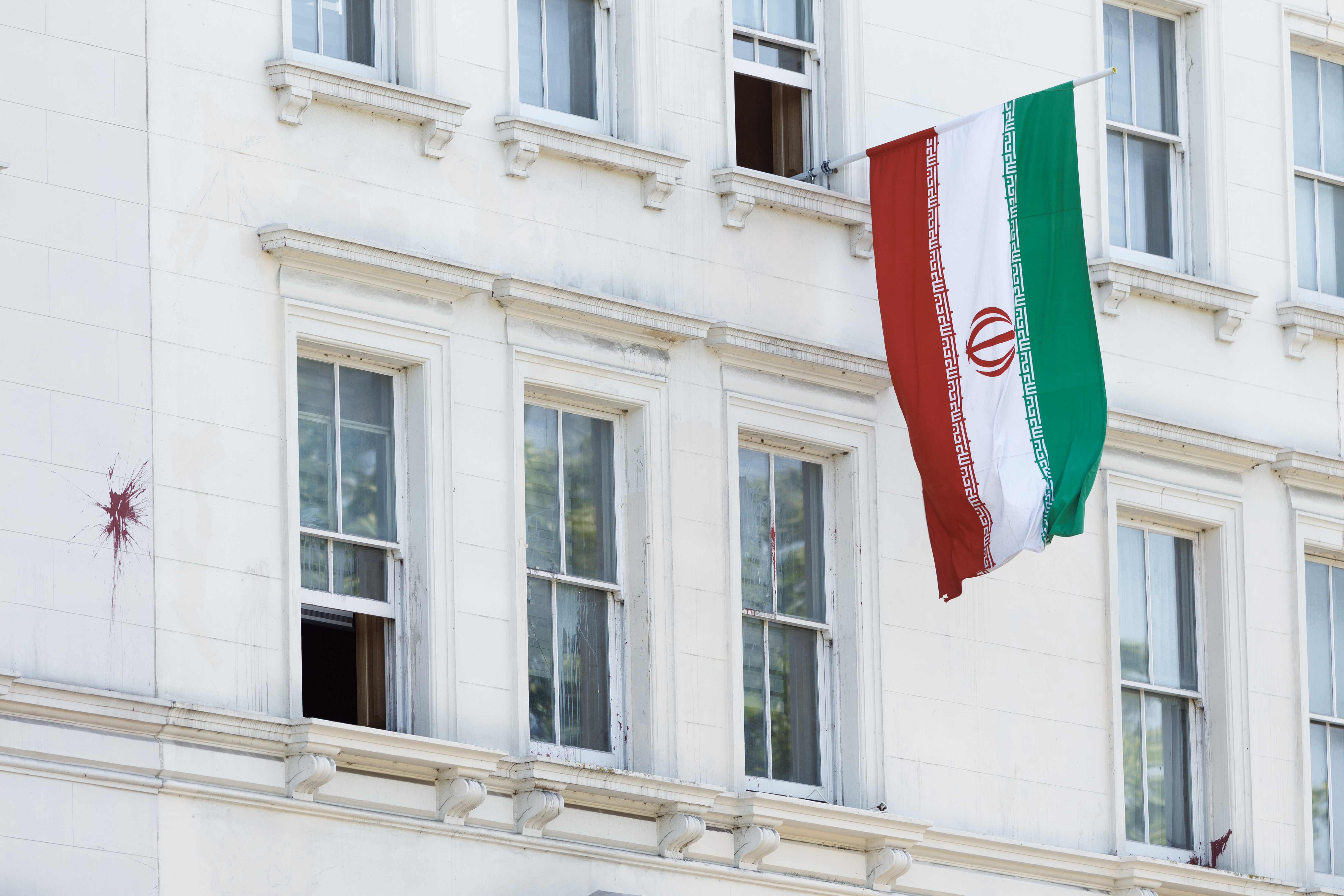 LONDON, ENGLAND - JULY 13: A general view of the Iranian Embassy on July 13, 2026 in London, England. The UK Home Office has announced it will list Iran's Islamic Revolutionary Guard Corps (IRGC) as a terrorist organization, making support for the military group an offence punishable by up to 14 years in prison. The Islamic Movement of the Companions of the Right (IMCR) and the Russian Federation Volunteer Corps (GRU) are also to be banned. Home Secretary Shabana Mahmood said in a statement that "there is sufficient basis to reasonably believe that each of these bodies is engaged in foreign power threat activity, and that each designation is necessary to protect the safety and interests of the United Kingdom." (Photo by Dan Kitwood/Getty Images)