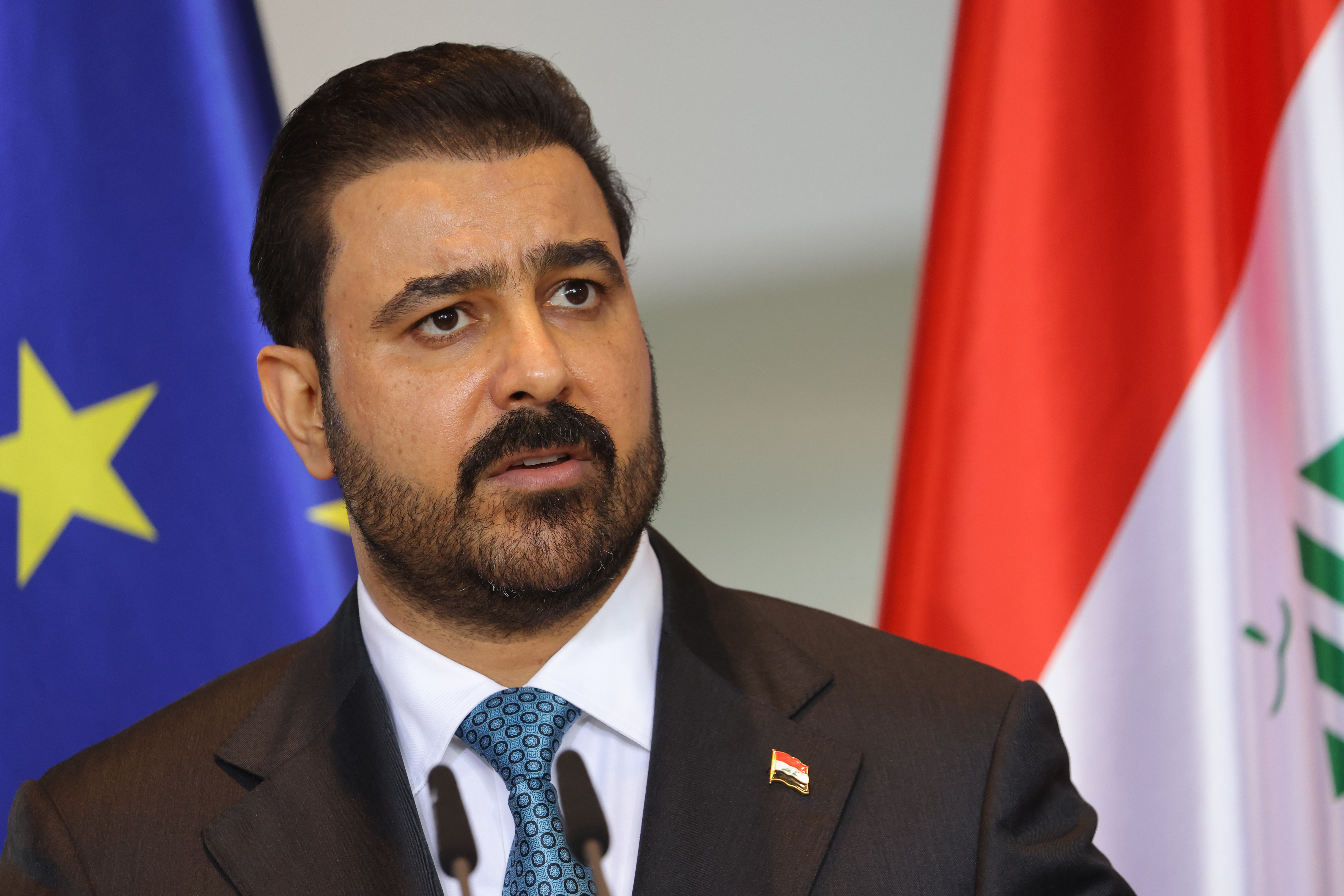 BERLIN, GERMANY - SEPTEMBER 15: Iraqi Prime Minister Ali al-Zaidi speaks during a joint press conference with Germans chachellor at the Chancellery on September 15, 2026 in Berlin, Germany. High on the meeting's agenda is the expansion of economic cooperation between Germany and Iraq. (Photo by Michele Tantussi/Getty Images)