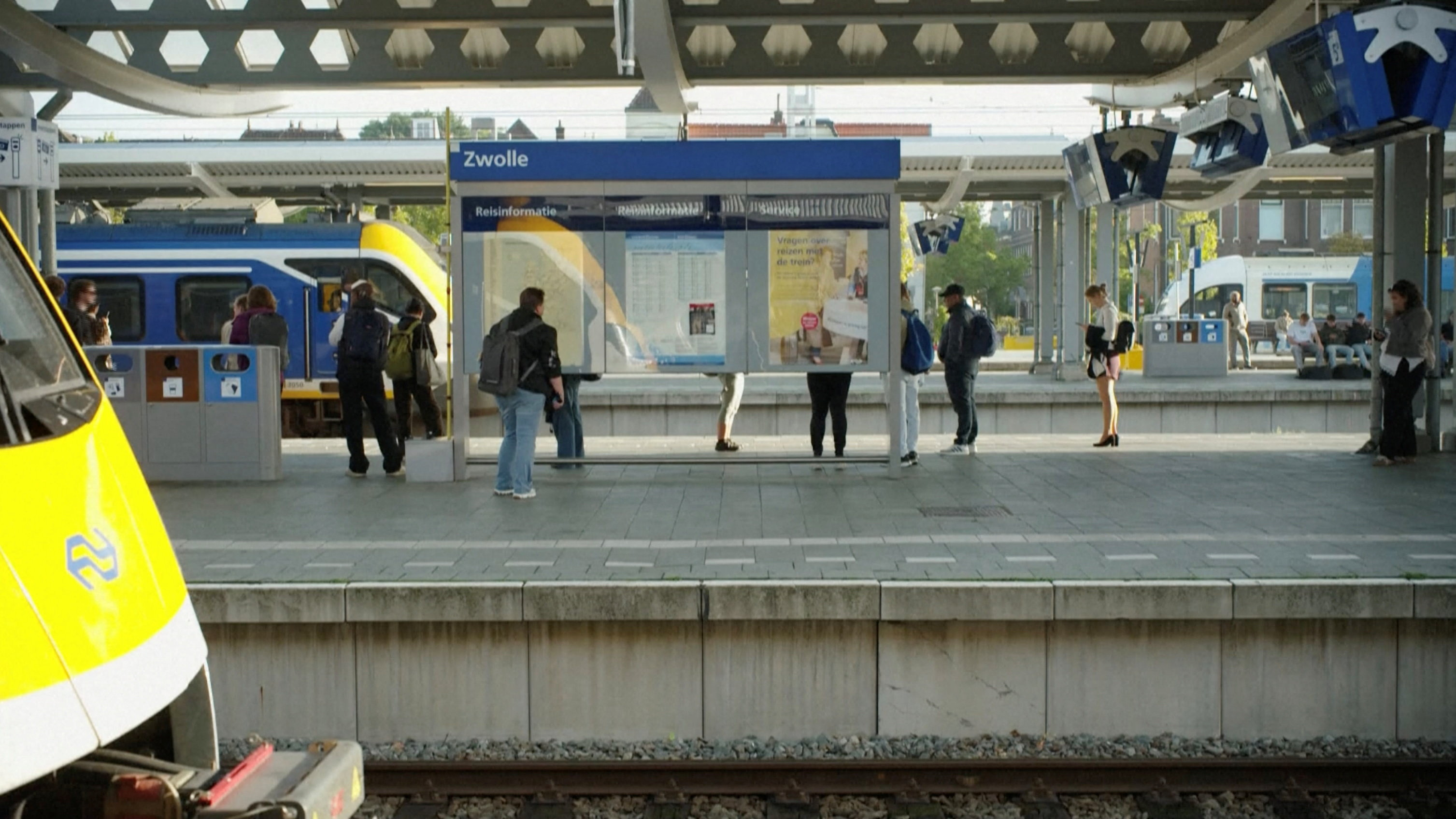 People gather on a train platform after suspected sabotage disrupted Dutch train services, in Zwolle, Netherlands, in this screengrab taken from a video released on September 15, 2026. Video obtained by Reuters/Handout via REUTERS THIS IMAGE HAS BEEN SUPPLIED BY A THIRD PARTY. NO USE NETHERLANDS.