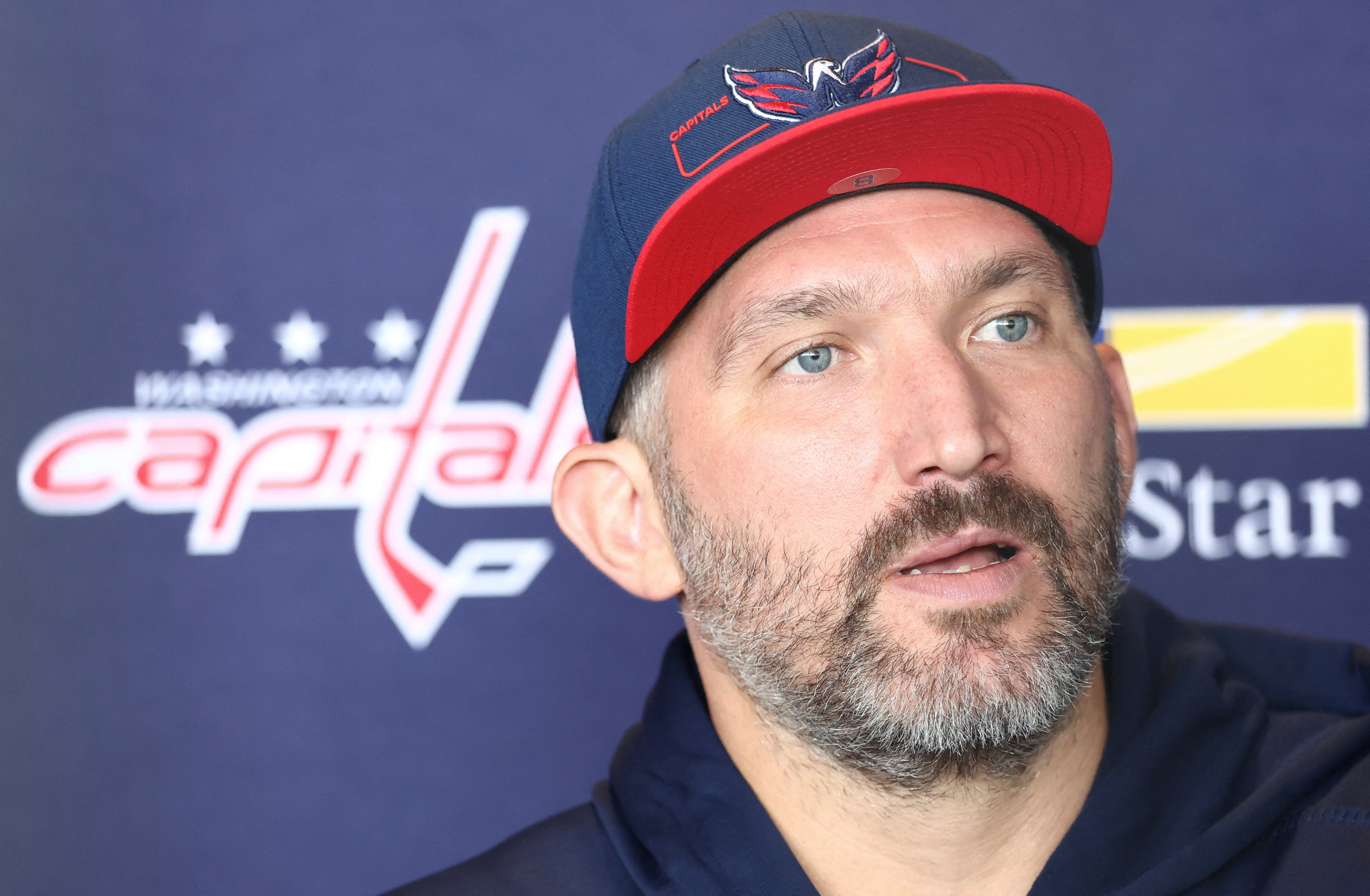 Washington Capitals star player Alex Ovechkin takes part in a media availability where he spoke about his recent appearance in a propaganda ad for the United Russia party, which supports the regime of Russia's President Vladimir Putin, in Arlington, Virginia, US, September 17, 2026. REUTERS/Kevin Lamarque