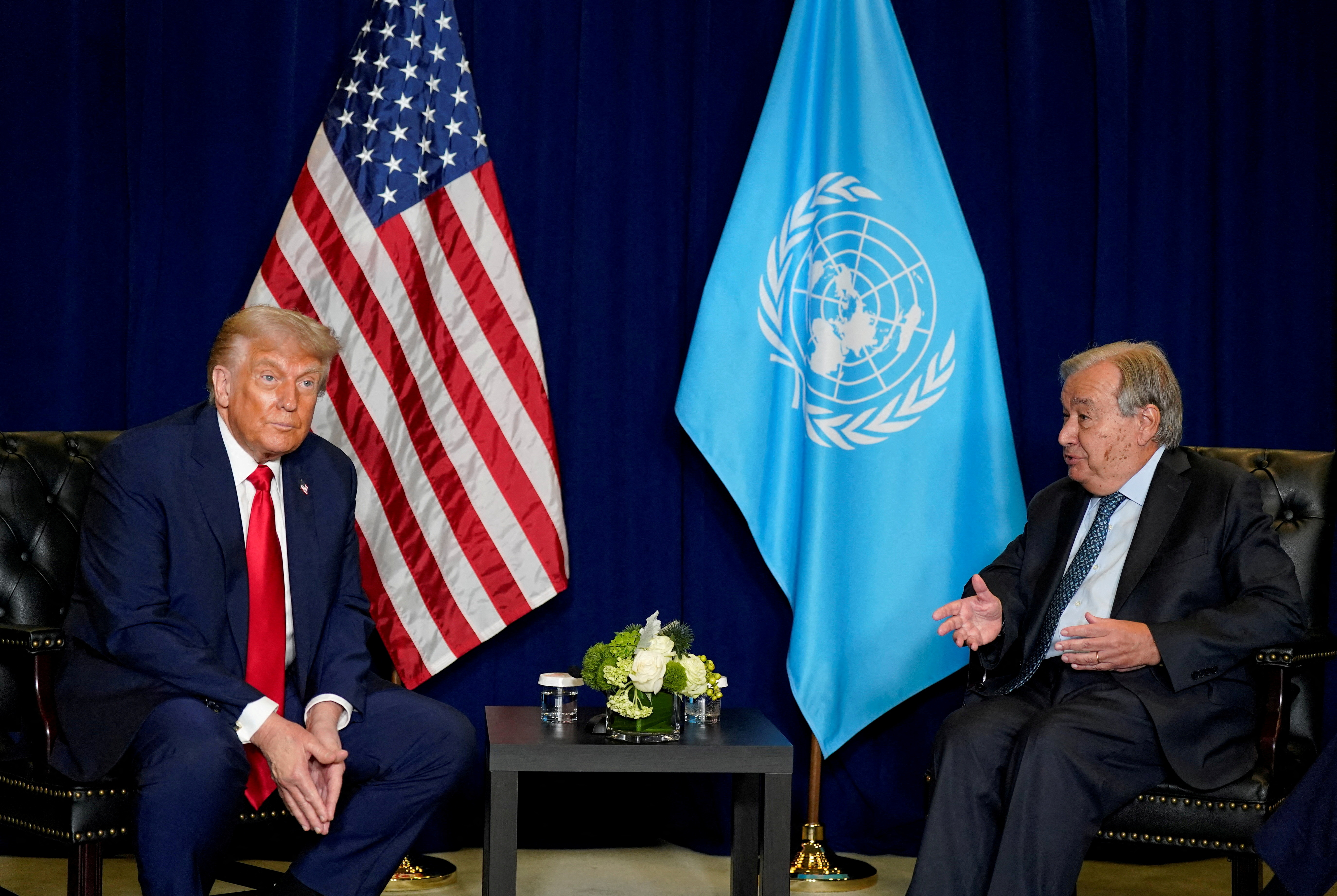 FILE PHOTO: U.S. President Donald Trump meets with United Nations Secretary-General Antonio Guterres during the 80th United Nations General Assembly, in New York City, New York, U.S., September 23, 2025. REUTERS/Al Drago/File Photo