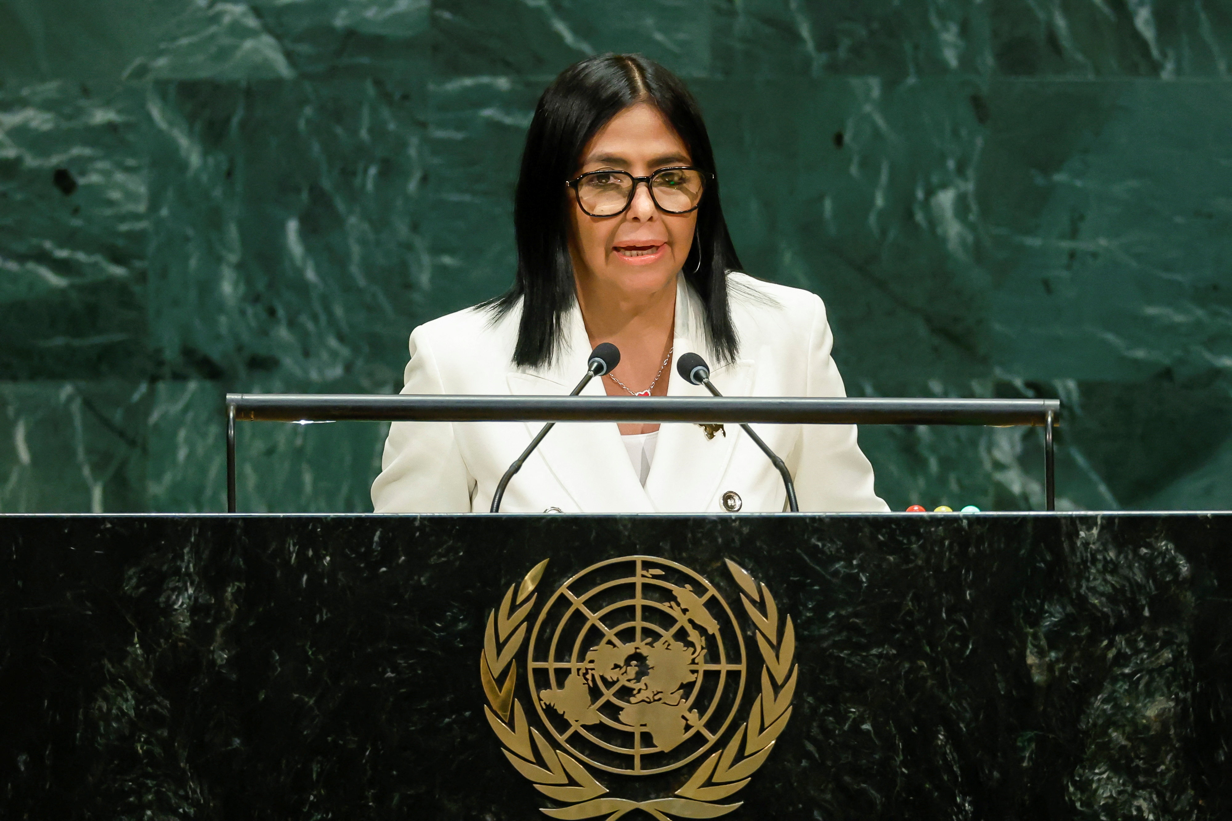 Venezuela's interim President Delcy Rodriguez addresses the 81st United Nations General Assembly at UN headquarters in New York City, US, September 23, 2026. REUTERS/Eduardo Munoz