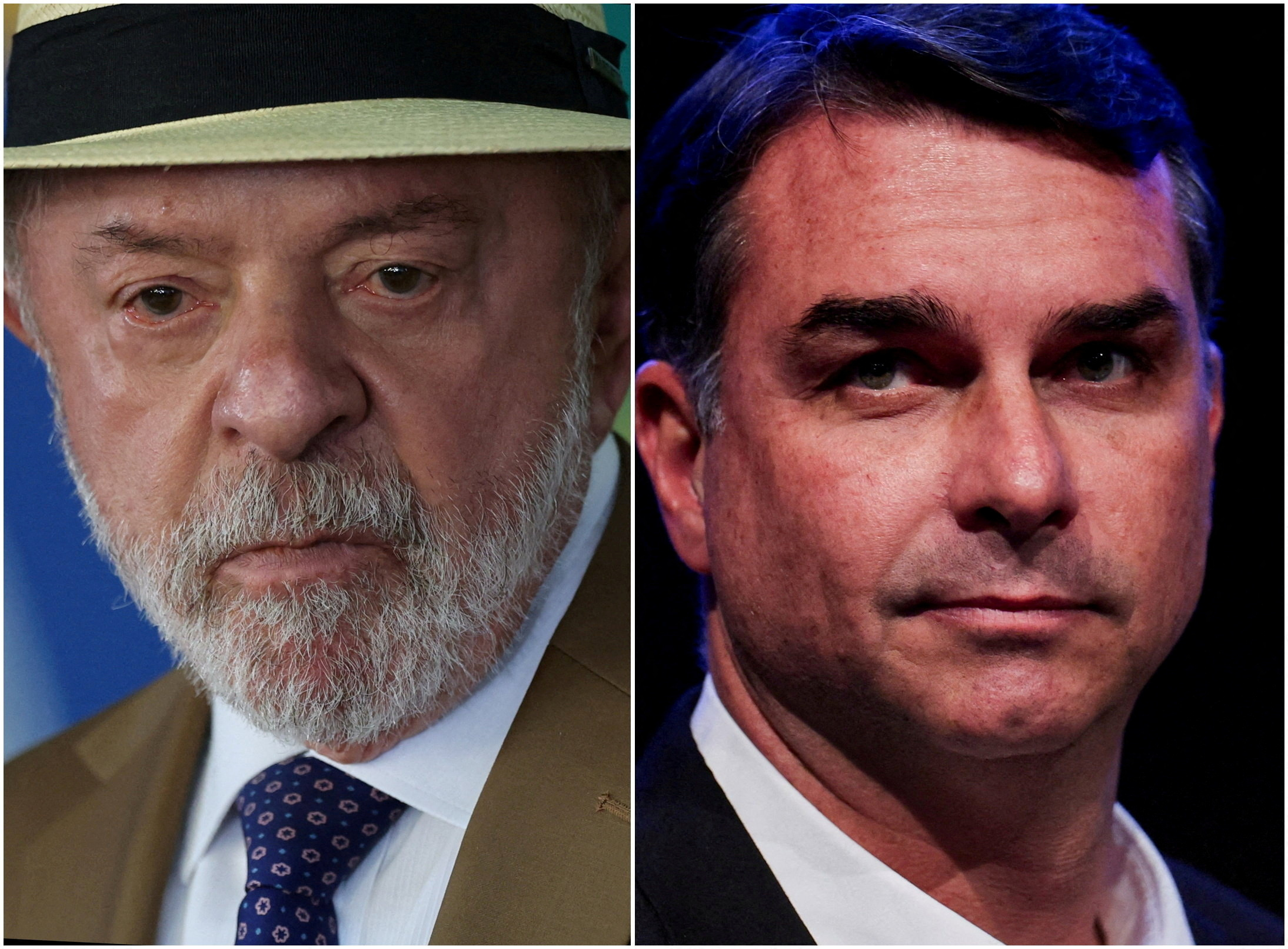 FILE PHOTO: A combination image shows Brazil's President Luiz Inacio Lula da Silva (left) at a ceremony at the Planalto Palace in Brasilia, Brazil, August 8, 2026, and senator Flavio Bolsonaro (right), the Liberal Party (PL) candidate in Brazil's presidential election, during an event announcing Alfredo Gaspar as Bolsonaro's vice-presidential running mate, in Brasilia, Brazil, August 5, 2026. REUTERS/Adriano Machado/File Photo
